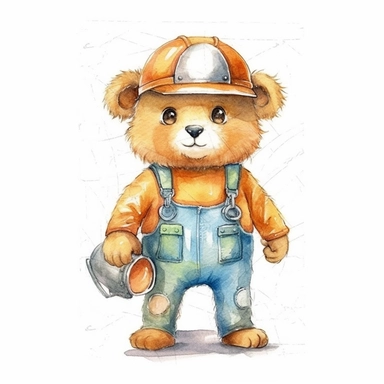 Adorable cute fantasy teddy bear dressed like engineer clipart, hand inside pocket, happy expression, standing in dynamic pose,sharp throughout,full body,front view, in the style of watercolor cartoon clipart, kate greenaway style, high resolution, composition free space,watercolour clipart, watercolor illlustration for kids and children, isolated white background, clipart most popular on etsy, book illustration, featured on dribble, print on demand image, PNG tranparent background, composition 