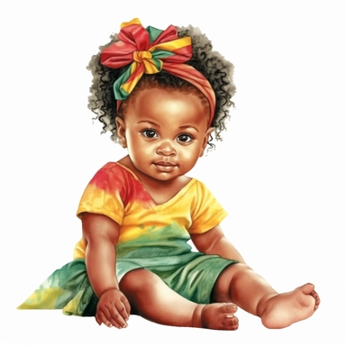 Cute Beautiful Red yellow green juneteenth Baby Girl Watercolor Clipart,Cartoon, hyper realistic, intricate detail, illustration style,high solution,on the white background