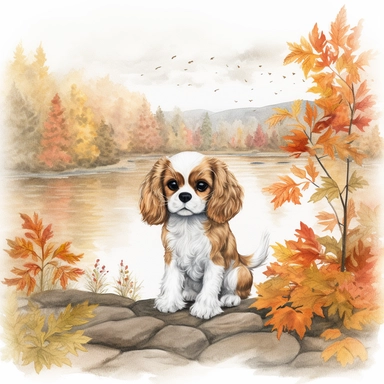 create a beautiful original high quality highly detailed watercolor clipart image of a very small happy and adorable king charles cavalier puppysurrounded by trees and a lake in the backdrop in a autumn setting, include high detail to the puppys fur and eyes, include fall colors, white background, no text, no font, no words