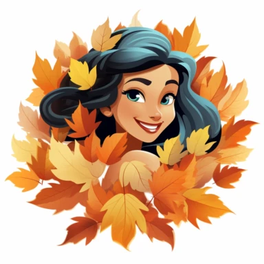 A princess jasmine from Disney franchise sneaking out her head out of maple leaves stack, so many maple leaves in the center of the image,smiling, halloween, pixar style, clipart, white background , fall scene, swag cut