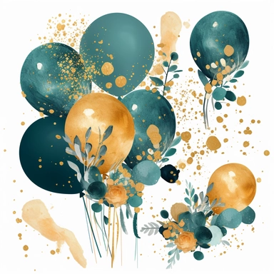 An illustration of Teal and Gold Balloons Clipart with white background, glitter balloon overlays and confetti, in a playful and cheerful style. The balloons are round and bouncy, with a childlike quality to them. The confetti sparkles and shimmers and flowers, adding to the festive atmosphere. The overall color palette is warm and inviting, with a touch of whimsy.