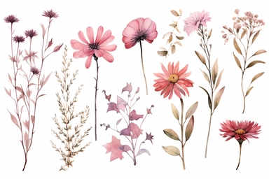 botanical wild flowers, pastel blushing color, dusty raspberry color, clipart, watercolor, white background, corner