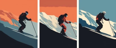 In the first panel, we see the skier in the preparatory phase, their gear and the snow-capped mountain, rendered in a minimal clipart style, pop with contrasting colors. The middle panel depicts the thrilling descent, the skier's figure and the surrounding snowscape abstracted into simple, bold shapes. The third panel reveals the triumphant moment at the finish, the skier against the simplistic outline of a mountain peak, with the setting sun in the background executed in the vivid hues of pop-a