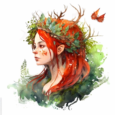 short red hair with bangs female forest fantasy druid watercolor clipart
