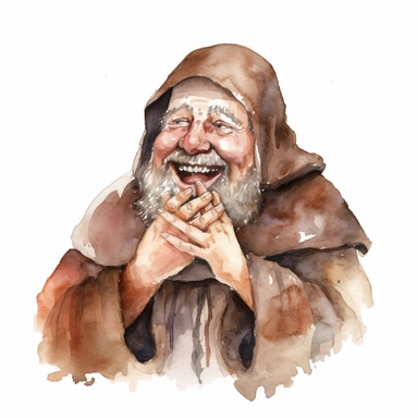 happy bearded medieval friar Tuck laughing with a guilty look with his hands near his mouth as if he told a dirty joke watercolor clipart no words no watermark