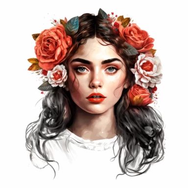 Striking boho girl in clipart style, hair cascading to one side adorned with detailed roses on one side, captivating large eyes and full lips, gazing directly at the camera, Portrait style, white minimalist background, 8K rendering