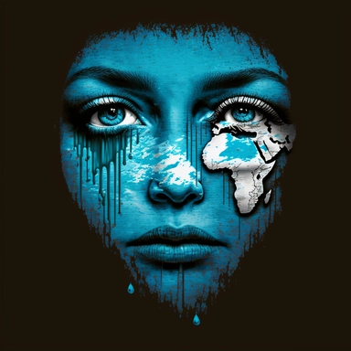 a woman's face with a tear coming out of it, inspired by Paul Harvey, ecological art, graphic design contest winner, g 7 summit, clipart, have a call to action, crying big blue tears, powerful imagery, isometric view!!!!, the world is insane, devastated, gently earth ar 2:3