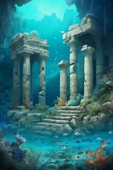 realistic clipart of enchanted underwater coral reef with ancient greek temple ruins tropical fishes within, digital painting