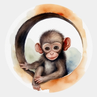 watercolor clipart, white background, cute and adorable playful monkey, perfect for stickers and print on demand, by François Boucher