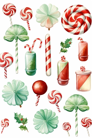 watercolour of a variety of Christmas Candies. Red and Green Gumdrops, Candy Canes, Peppermints, ribbon candy, clipart variations, simple, vector, 8k