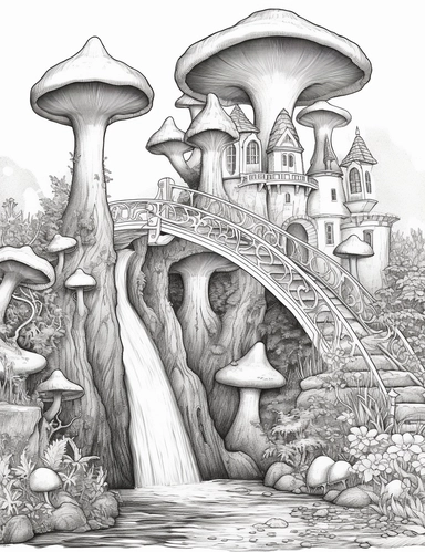 coloring book page, isolated images, illustrations on a white background, Enchanted Forest, waterfall, mushrooms, castle, Clipart, Fairy Forest, greatest for coloring , coloring book page, realistic, bridge, isolated, fussy cuts, highly detailed, hdr, 32K, photo expert quality, coloring book page, realistic, hyperrealistic and highly detailed, isolated on a white background