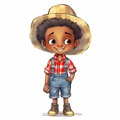 5 year old afro Chibi style boy character dressed in jeans and red plaid shirt with pocket with yellow flower on top of shirt very delicate suspenders delicate face small eyes and confident smile short hair with a straw hat a real country bumpkin the character is lightly painted with watercolor paint on a white background clipart