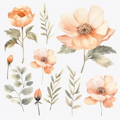 Watercolour clipart of a light peach color, burnet rose blossom theme, vintage effect, high quality, soft and muted colours, bright white background, 8k, f1