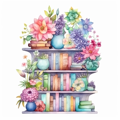 fantasy,cute,little,floral bookshelf with 5/6 bookd,digital watercolor,light colors,clipart,white background