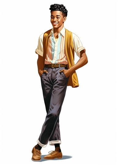 a fashionable adorable black teenage boy from the 1950s, vintage retro 1950s artwork, clipart, white background