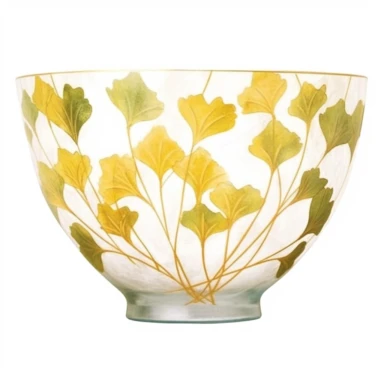 Design a dreamy watercolor clipart of a chinese bowl with Sprays of ginkgo leaves with golden hues arranged in a minimalist and modern design composition, hand-painted with soft and graceful brushstrokes. Draw inspiration from the artistic finesse of Ethereal Petals Watercolors for a refined and ethereal depiction. isolated on a white background, hand-drawn illustration, hand-painted watercolor texture, 16k UHD resolution, intricately detailed, sharp focal points, designed by Ana Victoria Calder