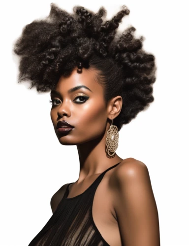 hasselblad 24 mm three quarters shot of a gorgeous african american woman, clipart, Composition: Relaxed position with intricate high hairstyle, smiling, detailed natural skin, Style: Nu-Goth, white background, hyperrealism, 32k