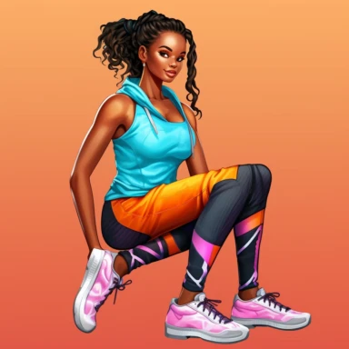 beautiful black teenage girl with beautiful pinned up hairstyle, dressed in bright colored fitness attire. Full perspective and, long shot A young black woman with full lips and a big beautiful smile, dressed in a jogger, has pinned up hairstyle and beautiful shapely legs, wearing sneakers, clipart in the style of digital airbrushing, feminine sticker art, dollcore, realistic face, realistic body, glamorous,