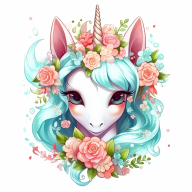 a unicorn made from cute floral flowers clipart, in the style of kawaii aesthetic, digital airbrushing, junglecore, 8k, charming anime characters, tondo, white and cyan
