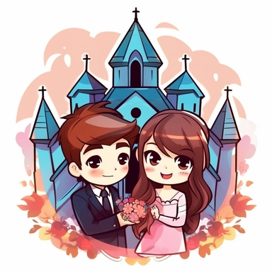 Vector icon, digital art icon, girl and boy wedding, on church background, Double exposure, white background, wise, simple shapes, clipart, anime, chibi, vibrant colors, superb