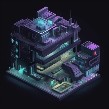 isometric perspective, game sprite, futuristic random public building concept, gaming asset, sci-fi, fun, creative, cartoon, clipart, hyper-detailed, black background,