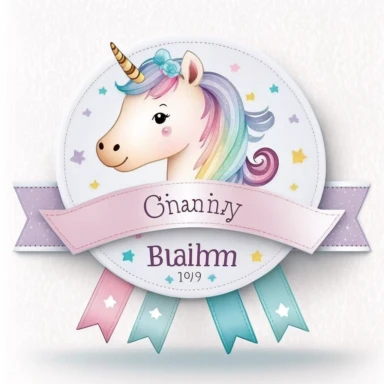personalised name plate ribbon for text, a large unicorn chibi face, birthday invite, pastel clipart, Watercolour, pure white background
