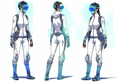 full body multiple views, face view, back view, side view character concept art, lineart alcohol ink watercolor cyberpunk persona representing MidJourney AI as a woman with binary dot matrix goggles and neutral white outfit, in minimal hand drawn style, textured, clipart, white background