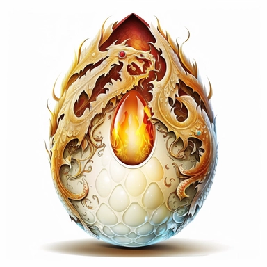 flaming white dragon egg, gems, painting, clipart, no text, white background