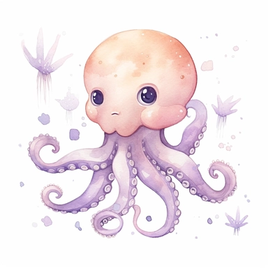 a watercolor nursery sea animals illustration clipart, cute octopus, soft pastel purple pink color, clean background, white background