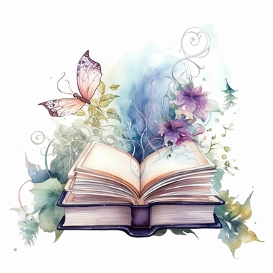 white background, a beautiful watercolor clipart featuring an open book brimming with magic and wonder. Design the open book with elegant curves and delicate pages, allowing glimpses of enchanting illustrations and mystical symbols. Use soft, vibrant watercolor techniques to infuse the clipart with a dreamy and ethereal quality. Add touches of shimmering gold or silver accents to highlight the magical elements