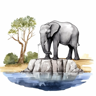 watercolor clipart of a gentle elephant drinking water from a watering hole, high-contrast background, 8k