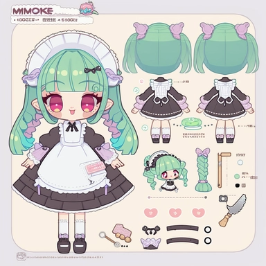 character sheet, knoling, clipart, inventory catalog, cute chibi character, delicate, kawaii, beautiful girl, redpurple eyes, patton bangs, long hair under light blue green, braided braid, black gloves, frilly apron, Black dress, black tights, black leather shoes, ?, ?