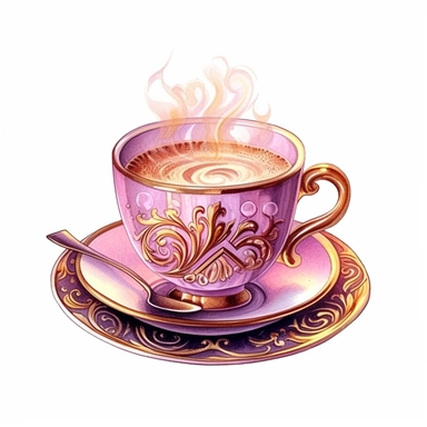 black coffee, in the style of watercolor illustrations, pink and gold, soft lilac, serenity and harmony, various stroke techniques, on white background, clipart, very detailed, Cartoon,hyper realistic, intricate detail, illustration style,high solution,on the white background