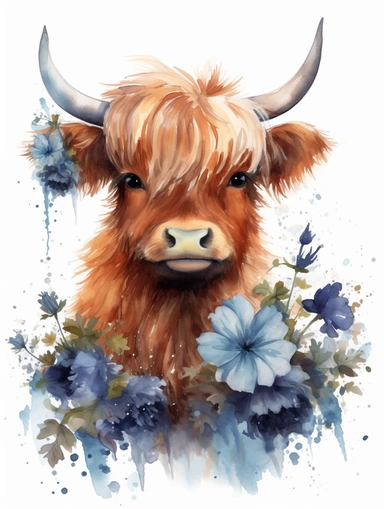 realistic watercolor cute baby highland cow and blue flowers floral bouquet, full body, white background, children book illustration, 8k, ultra detailed clipart, warm colors