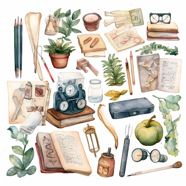 watercolour clipart of a class teacher stuff, teacher objects and elements, full length, high quality, very high details , white background