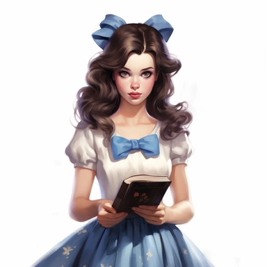 a beautiful watercolour full body portrait, of Disneys Belle (From Beauty and the Beast): long dark brown hair, with a blue bow, wearing a blue pinafore dress, white blouse, carrying a book, clipart, in the style of Natalie Shau and Kawacy, isolated on a white background, 24k, hd