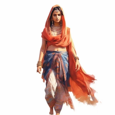 watercolor style, full body view, beautiful woman from India wearing traditional clothes, very detailed, realistic, clipart, isolated on white background, 4K