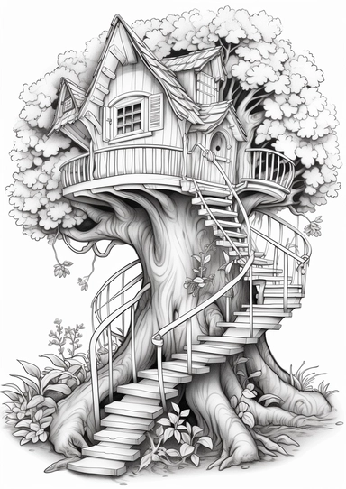 Coloring page for children, outlines only, no colors, black outlines, simple whimsical fantasy fairy tree house in a magical world setting, flowers, realistic stairs, cottagecore, clear picture, clear lines, entire illustration with white space around, clipart
