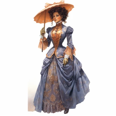 A Victorian lady in a victorian outfit. Her poised expression and magnetic gaze draw you into her world of Victorian splendor. Against a white background, the intricate details of her attire, including the flowing silhouette and intricate drapery, are depicted with exceptional detail and lifelike realism. Clipart, watercolor, white background, intricate detail, unreal engine cinematic smooth