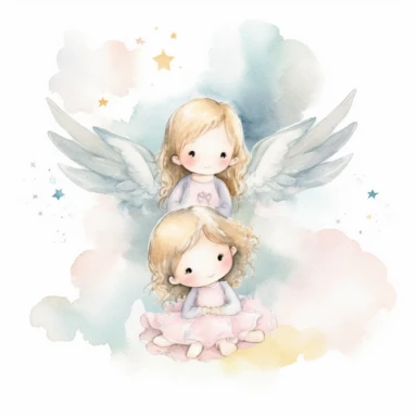 A watercolor painting of two little angels sitting on a cloud.