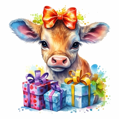 please create watercolor clipart of a baby cow, smiling, wearing party clothes with birthday presents, vibrant colors, intricate details, isolated on white background, vivid colors, hdr, 8k