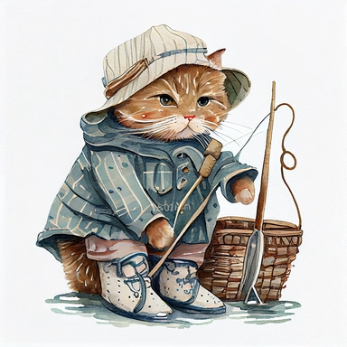 cute fisherman kitty cat wearing vintage clothes, Sublimation graphics, by Beatrix Potter, Watercolor clipart, single design, print on demand image, no watermark, PNG transparent background, white background, 8k