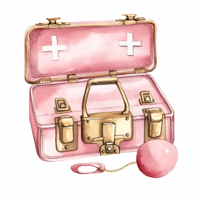 sweet pink and gold hand-painted in watercolors, first aid kit clipart, first aid suupply, isolated white background, single design, sharp, bold , sweet pink, cream, gold, hand-painted watercolor