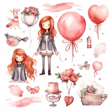 Wedding rings tied with a ribbon, cute kawaii wedding illustrations clipart set, ILLUSTRATIONS FOR THE BOOK, cartoon elements, different variants, girl with long hair in a wedding veil, wedding, husband and wife Love, Hearts balloons, veil, garland, wooden elements, sit on a bench, on the car, white transparent background separate elements with a margin Watercolor
