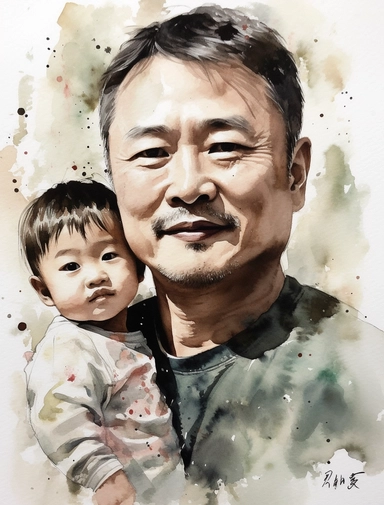 DESIGN A MAGNIFICENT AND EXQUISITE BREATHTAKING ONE-OF-A-KIND HIGH QUALITY HIGHLY DETAILED MASTERPIECE WATERCOLOR CLIPART ILLUSTRATION OF A man and a baby with watercolour painting, in the style of joong keun lee, joyful, mark lague, charming character illustrations, grainy, iconic, spirited portraits