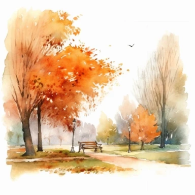 isolated illustration of an autumn landscape in a park, watercolor illustration, high resolution clipart, isolated on white background