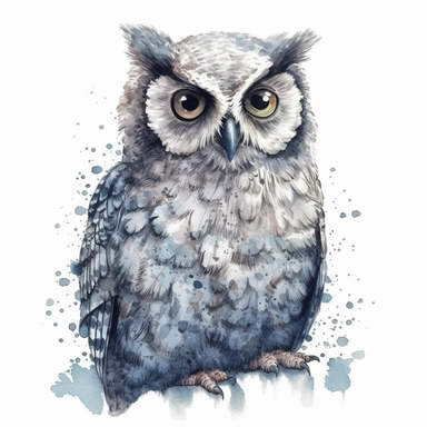 A Cute Happy Owl .Watercolor hyper-realistic detailed animal illustrations, elegant inking techniques, delicate markings, monochromatic paintings, free brushwork, watercolor illustrations, painted illustrations Clipart, White Background