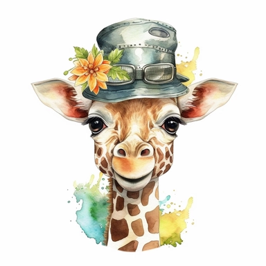 a captivating watercolor clipart image with a white background and white margins, featuring a cute sweet kawaii extremely happy smiling baby giraffe in a hat and a tie. The ultra-detailed, hand-drawn elements capture the details. Use vibrant shades of various colors to create a visually appealing image