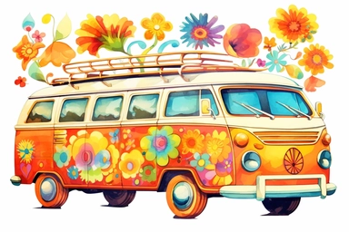 Colorful retro groovy 1970s clipart, watercolor