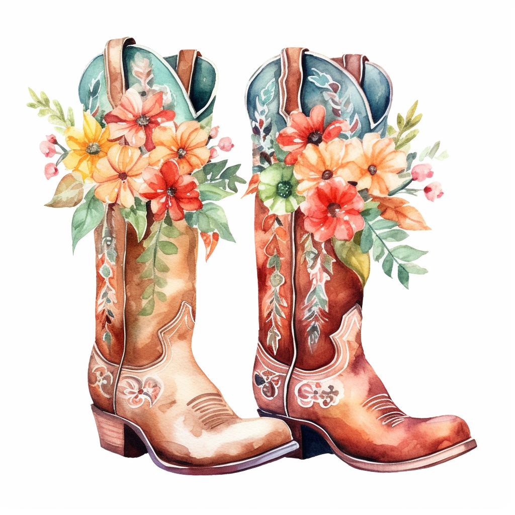 Western Floral Boots Watercolor Clipart On White Background - Clip Art 